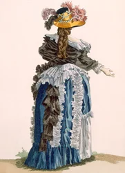 デュパンの彫刻が施された女性用ガウンの背面図、「Galeries des Modes et Costumes Francais」c.1778-87 99：衣類。伝統的なドレス;伝統的な衣装;ファッション;私